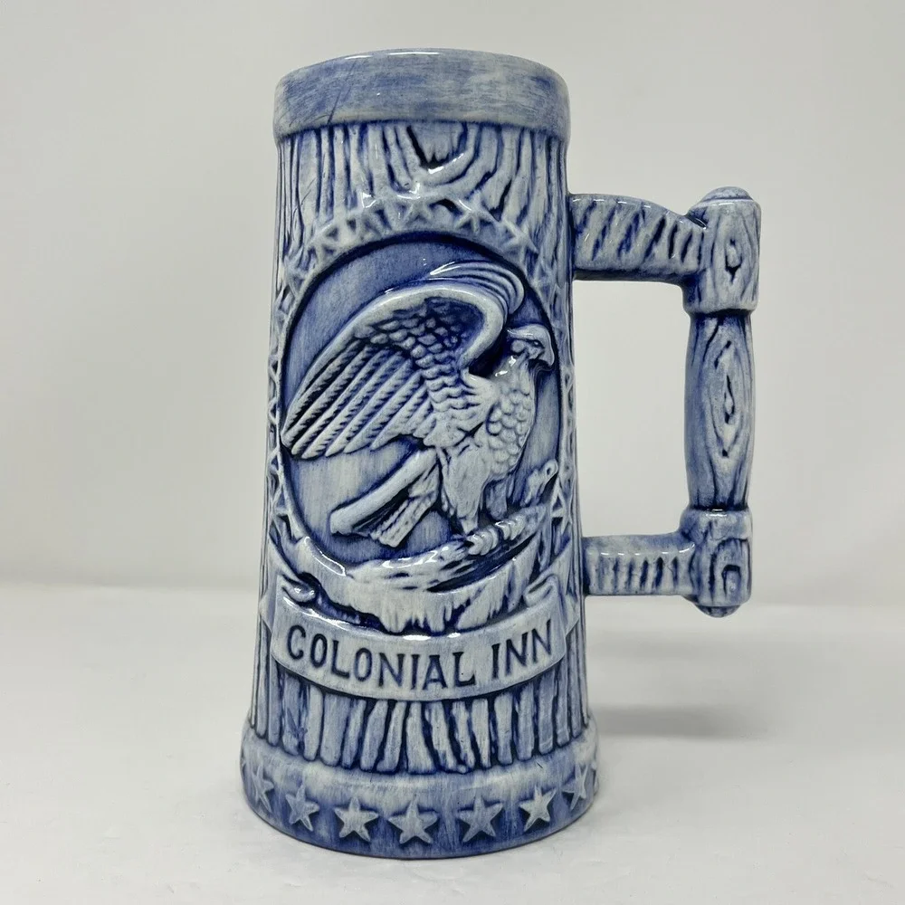 Colonial Inn Ceramic Beer  Stein 1976 24oz 3D American Eagle Stars in Delft Blue